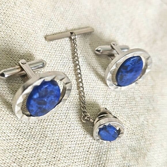 Vintage Genuine Sodalite Blue Natural Gemstone Cufflinks Tie Tack Set - Picture 2 of 7